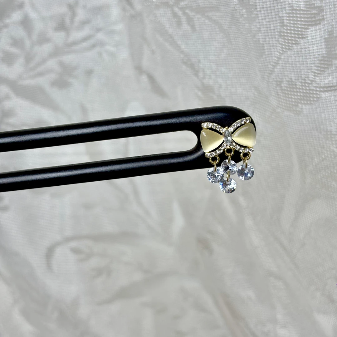 13厘米黑檀木U型发钗盘发簪子蝴蝶结猫眼石发簪日常百搭盘发簪