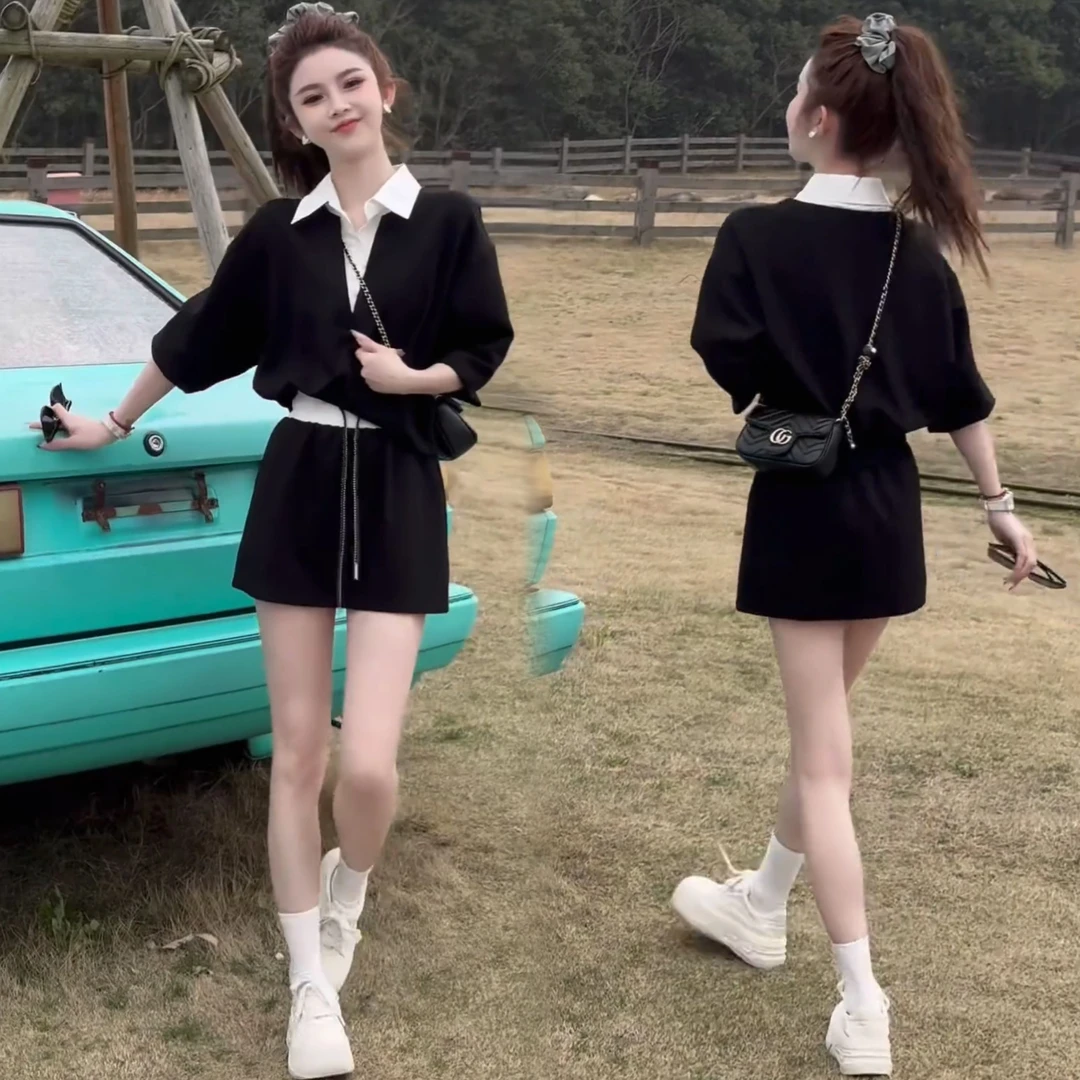 小个子时尚休闲短裙套装女2025新款气质减龄假两件上衣短裙两件套