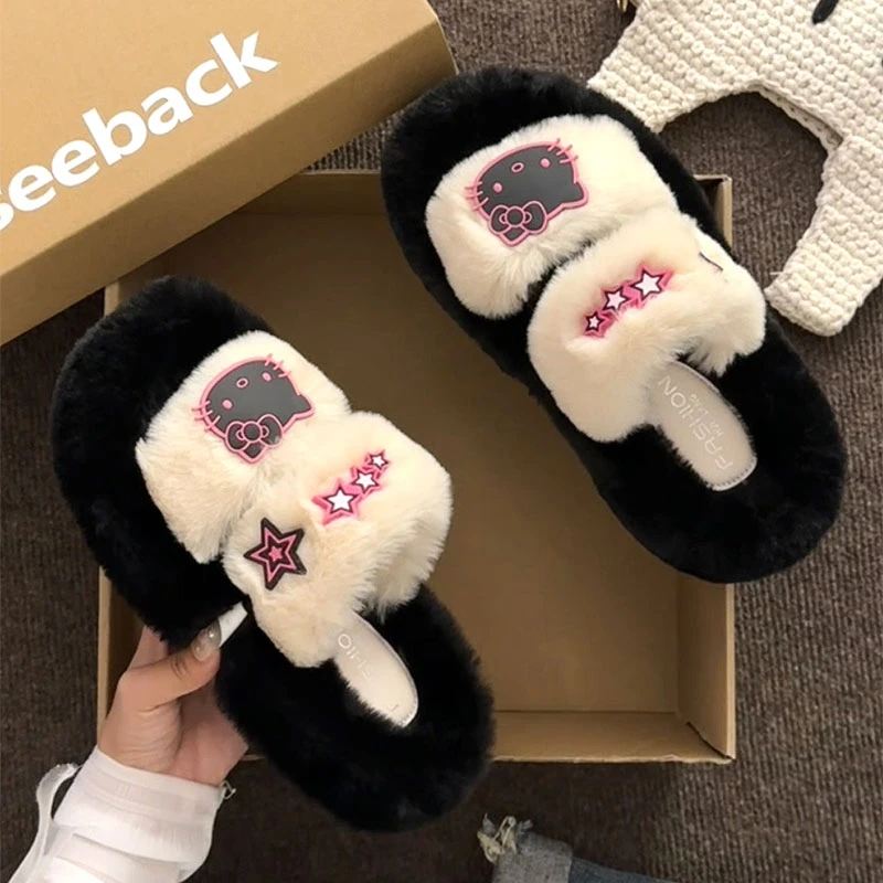 可爱卡通凯蒂猫毛毛拖鞋女2025新款外穿设计感家居软底懒人棉拖鞋