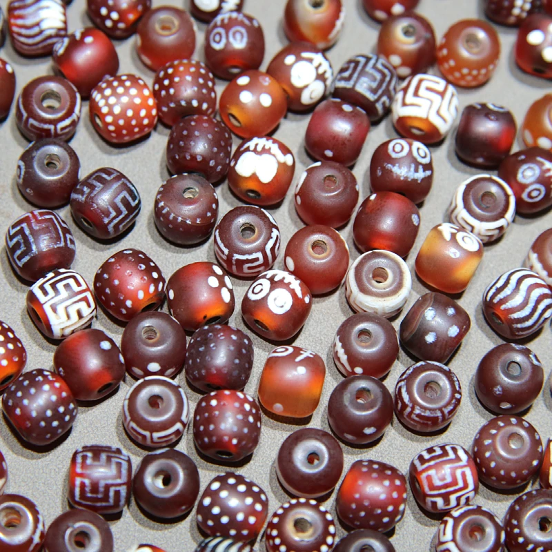 玛瑙红色亚光面西亚珠多种图案小鼓珠 diy饰品手串项链主珠配珠