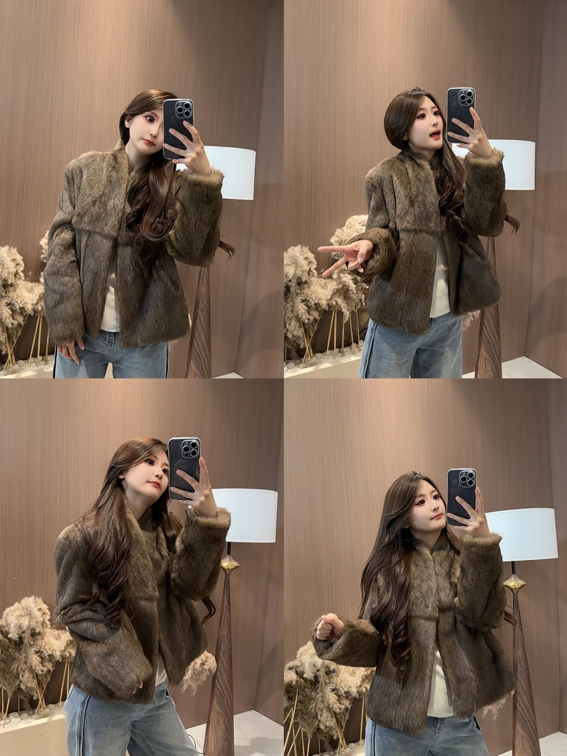 HenHen26new新款中古老钱风定制晕染兔毛皮毛一体V领外套