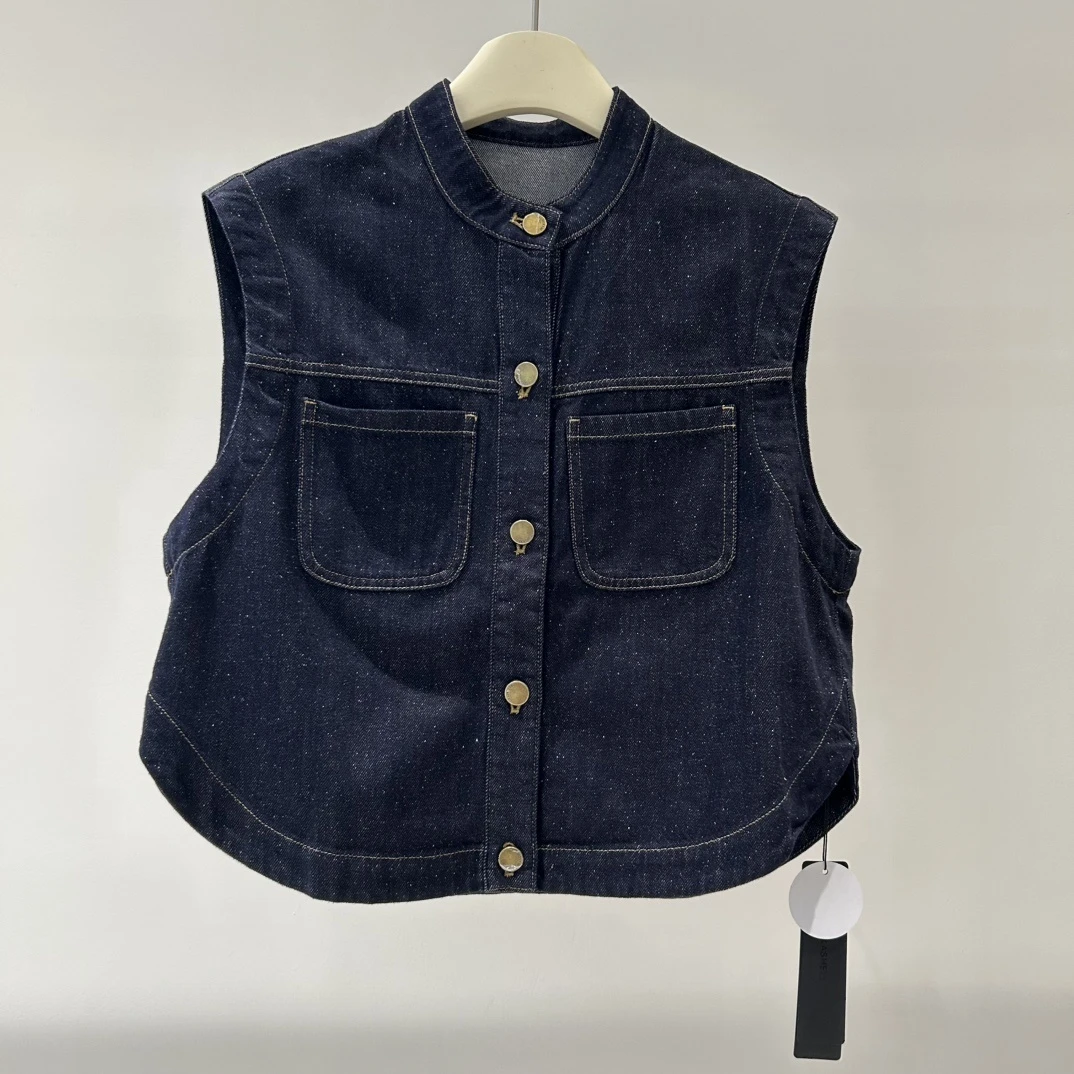 迪家新款蓝色女韩版短款牛仔马甲百搭马夹老钱风痞帅炸街风女装