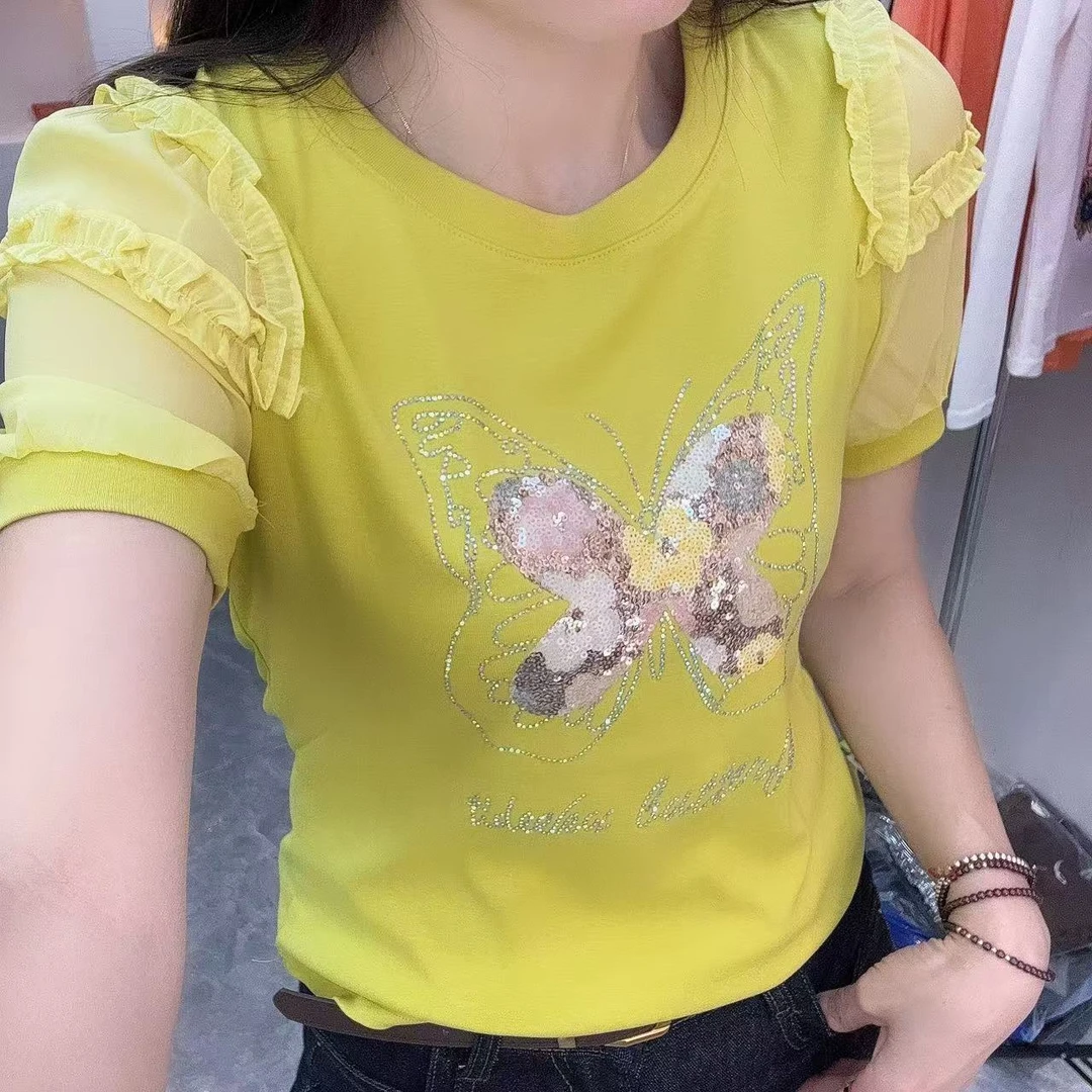 【秀秀家】短袖重工亮片蝴蝶时尚2025春夏上衣减龄洋气2505