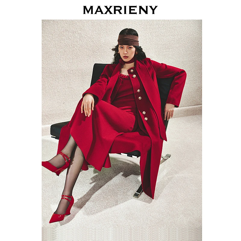 【商场同款-节庆穿搭】MAXRIENY静奢极简新年红中长外套羊毛大衣