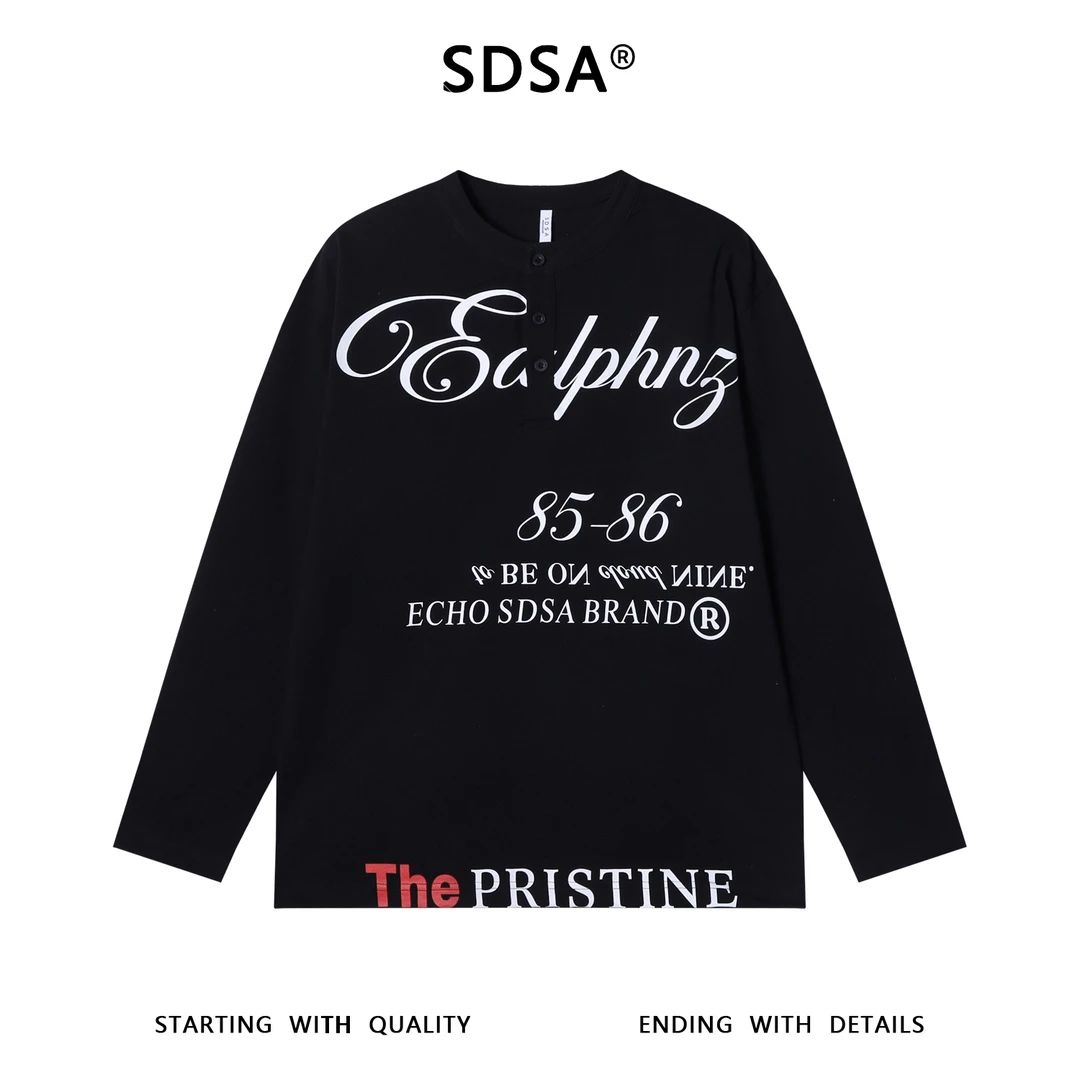 SDSA男士秋冬新款痞帅男装美式撞色印花字母半纽扣圆领长袖T恤潮
