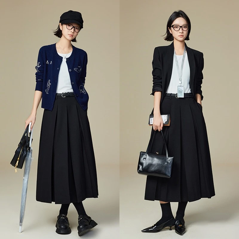 美洋MEIYANG谢幕曲半裙TR斜纹_通勤休闲宽松A字百褶中长裙R