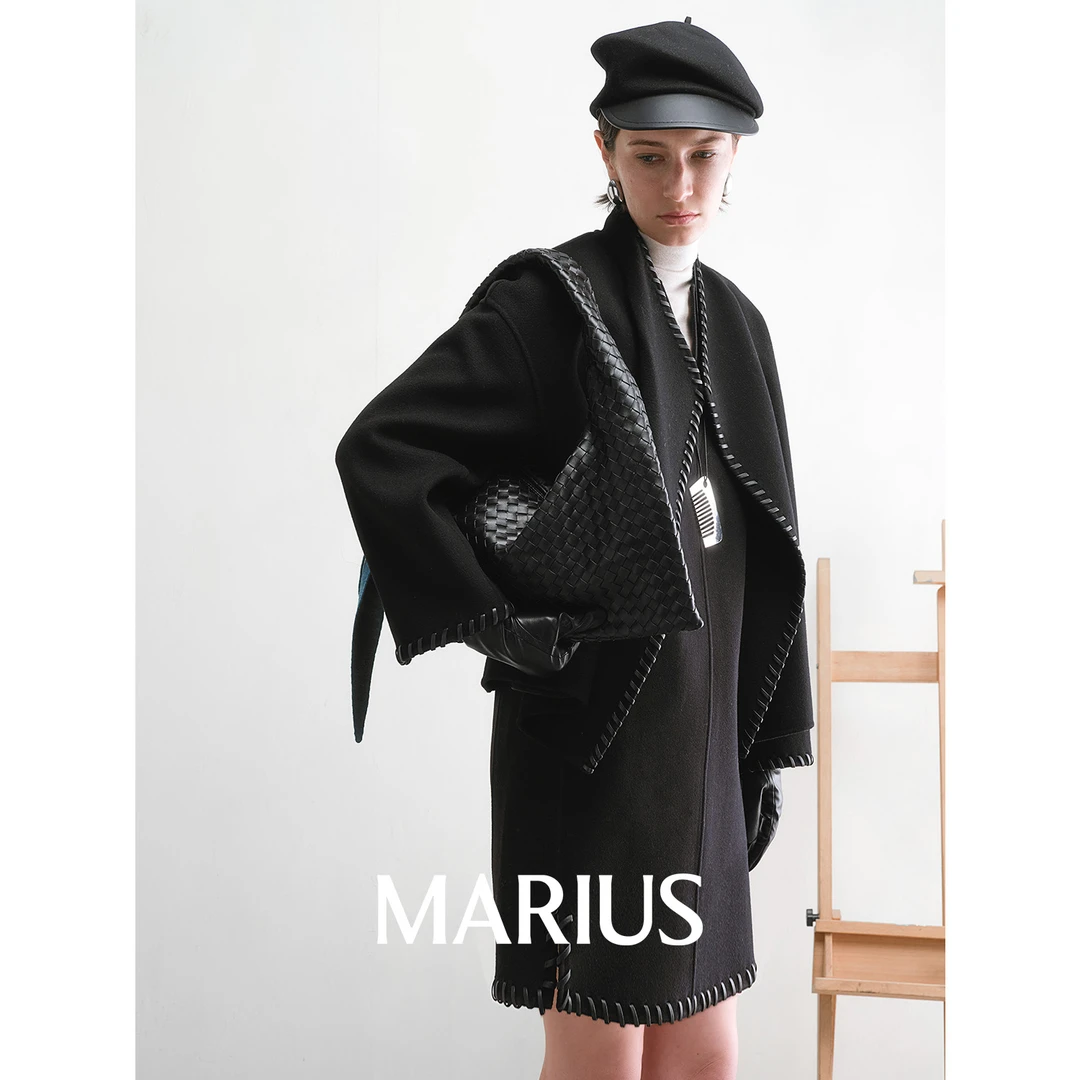MARIUS“赫本套”匠人手工坊简约宽松双面呢皮穿绳外套/连衣裙