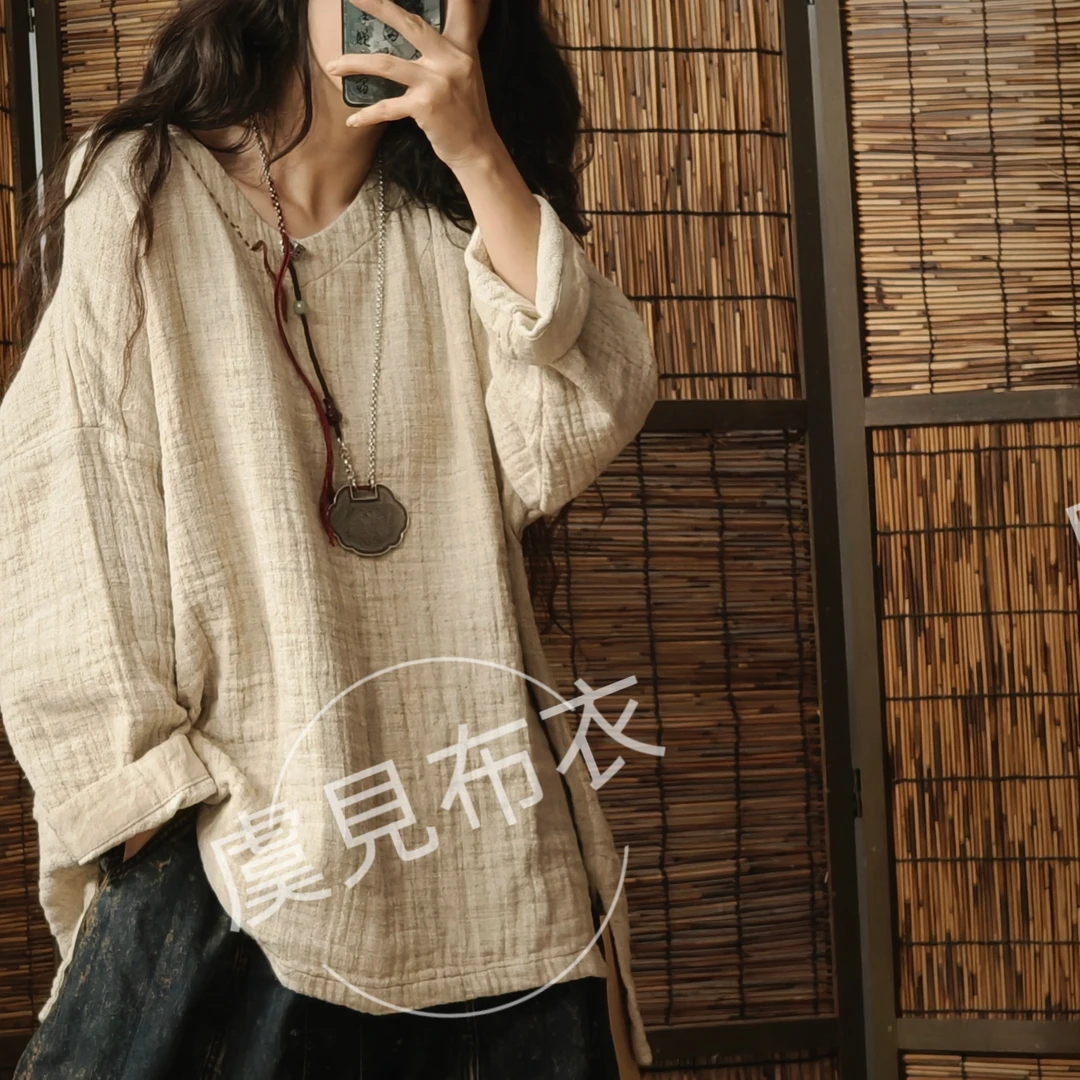 虞姑娘推荐 双织雨露麻手工线V领复古上衣【衣长70胸围136】