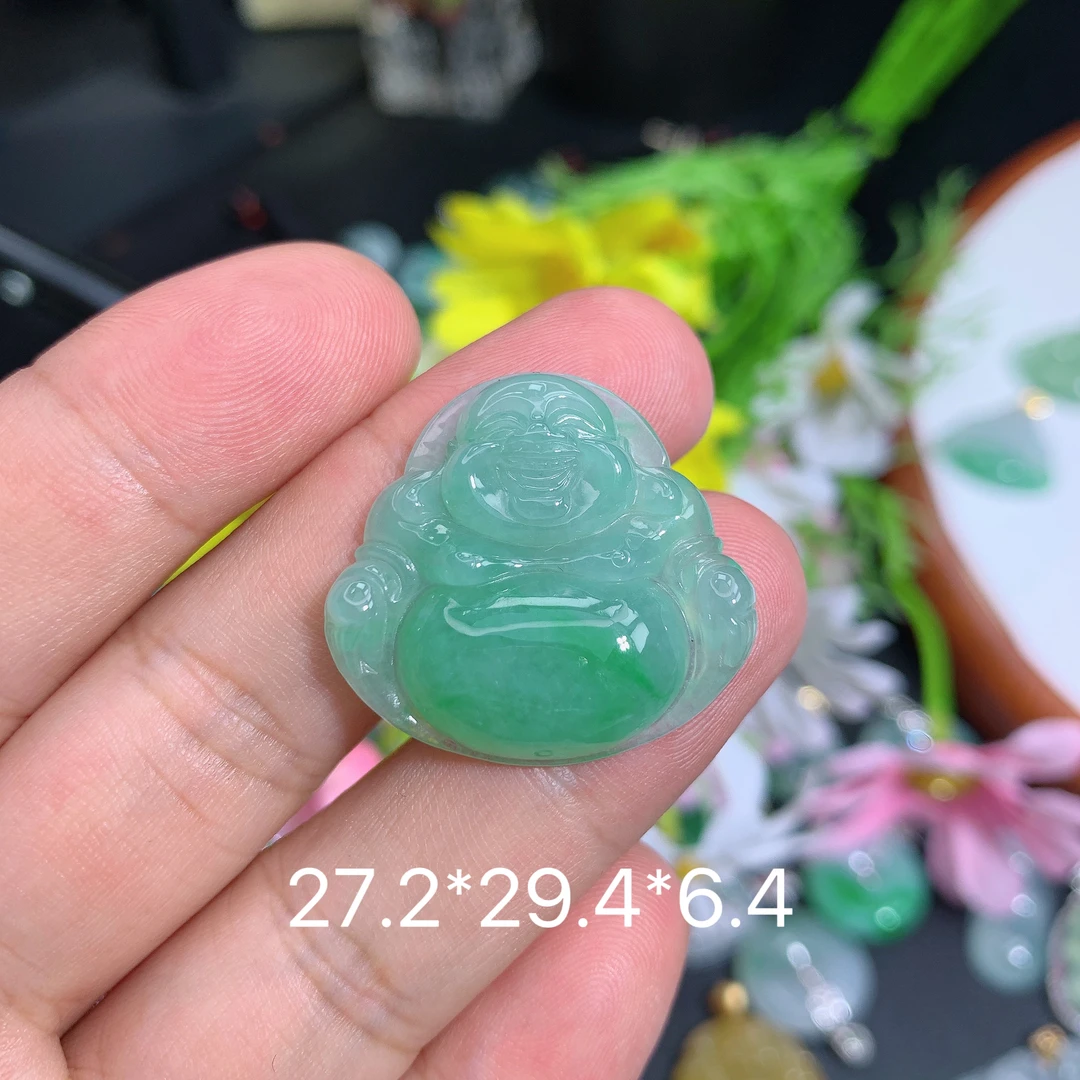 缅甸翡翠A货冰种满绿佛公刘吊坠种老水足气质百搭精雕精美百