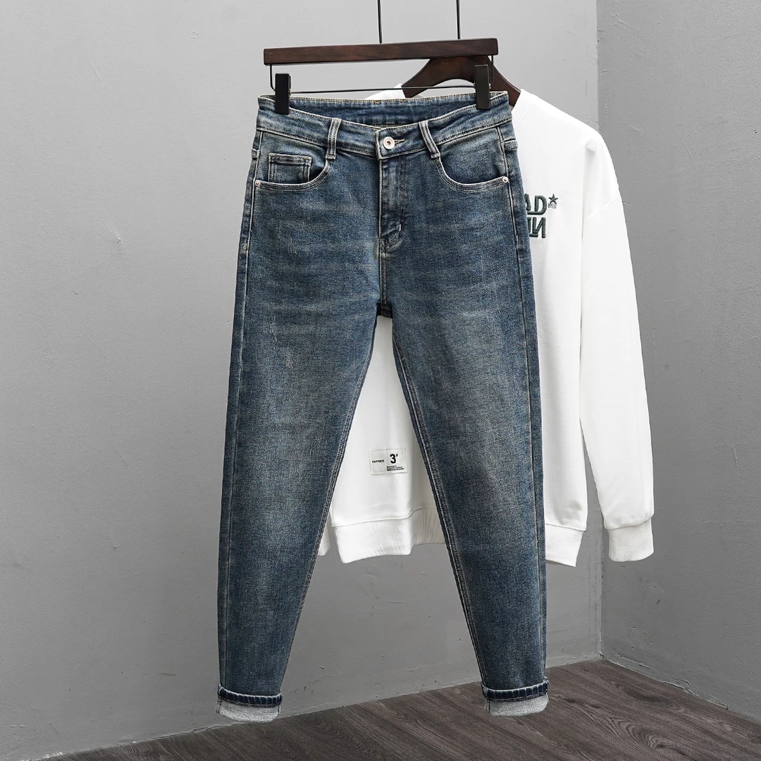 牛仔裤男2024新款修身小脚刮烂水洗复古做旧痞帅百搭冬加厚长裤子