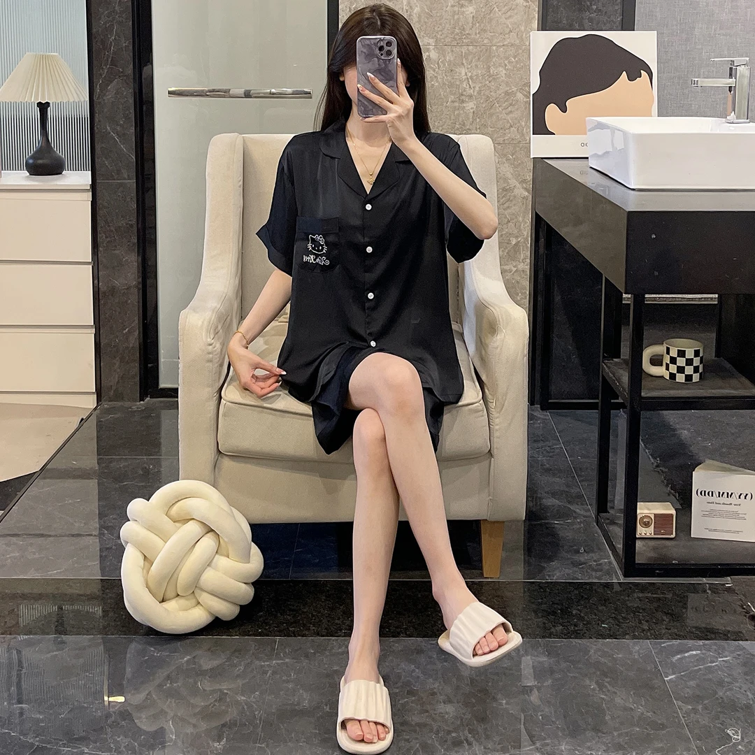冰丝睡衣女夏季短袖开衫2025新款凉感薄款黑色大码夏天家居服套装