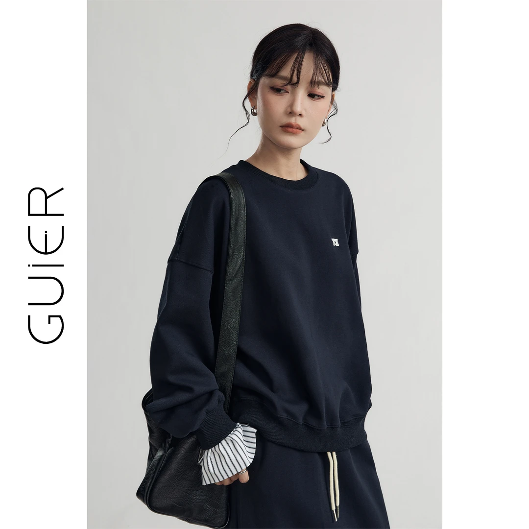 「GUIER」拼接假两件卫衣2024新款设计感宽松显瘦圆领上衣G4453