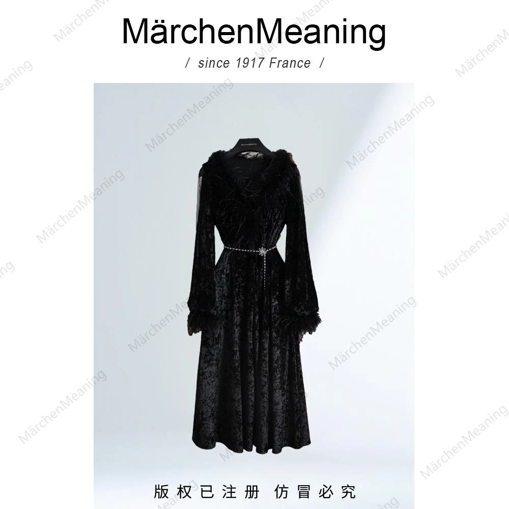 MärchenMeaning高级黑钻石丝绒定制提花显瘦气质轻奢连衣裙wy