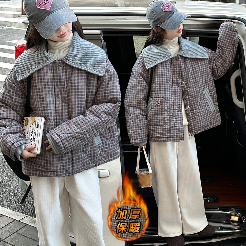 女童厚款格子夹棉棉衣2025冬季加厚中大童女孩学生保暖潮酷炸街