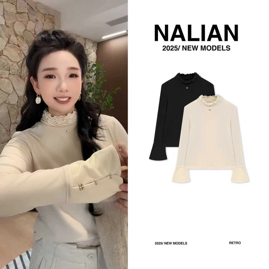 拿恋JGCXX232302#洋气设计感褶皱半高领加磨毛绒T恤232302