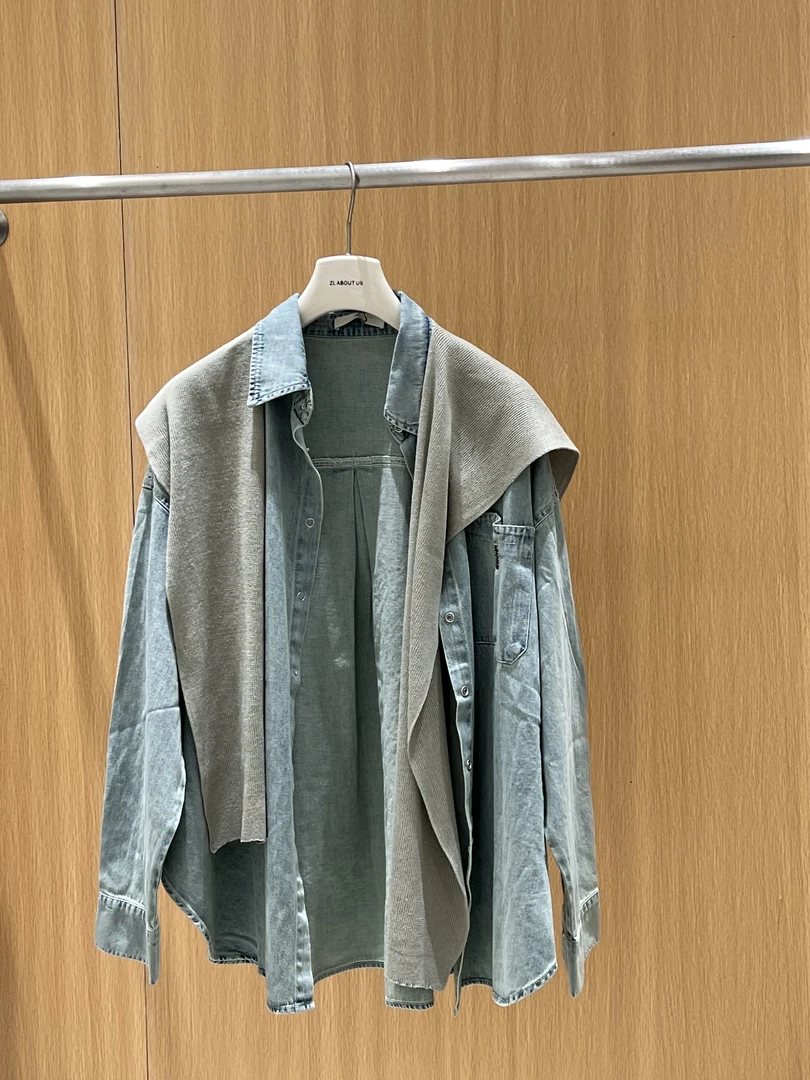 百搭牛仔衬衫针织披肩两件套宽松长袖外穿上衣9952021