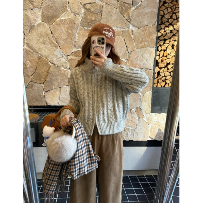 NGGAI二店 韩系复古宽松慵懒风立领针织开衫毛衣