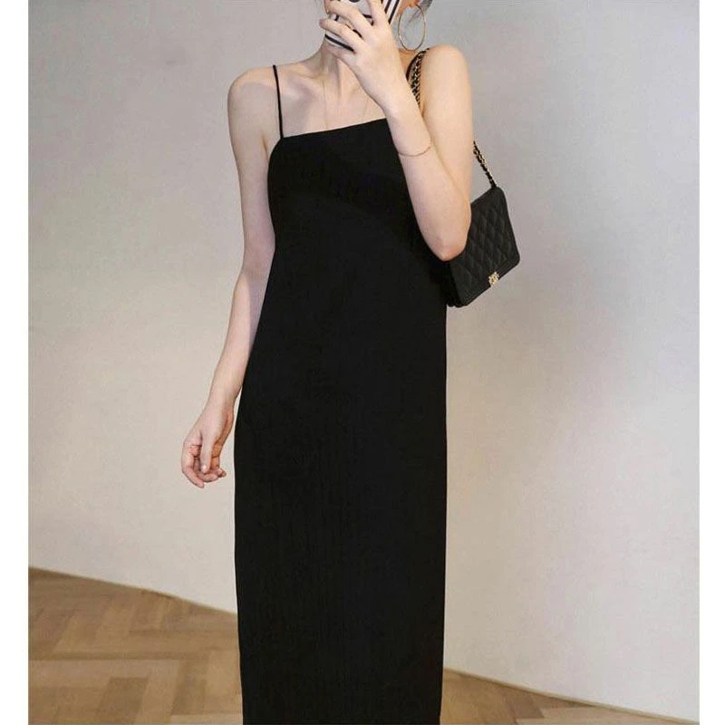 法式黑色赫本风雪纺吊带连衣裙女2025夏季修身显瘦内搭纯色打底裙