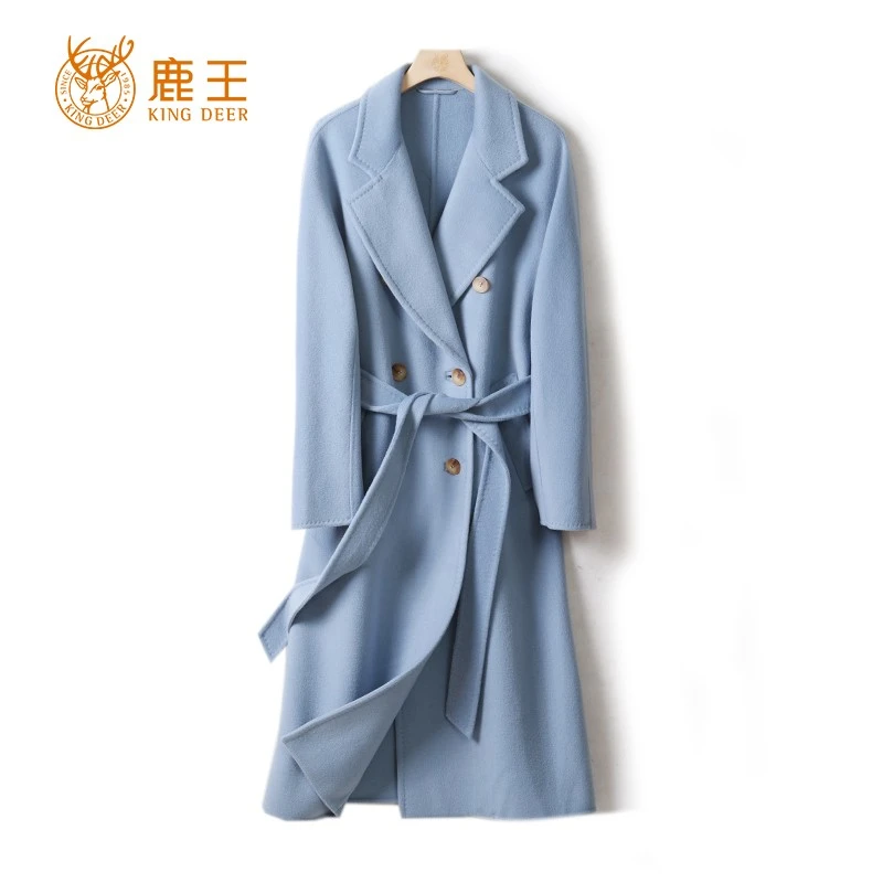 【精品】鹿王24秋冬新款女翻领100山羊绒双排扣系带长大衣LX158