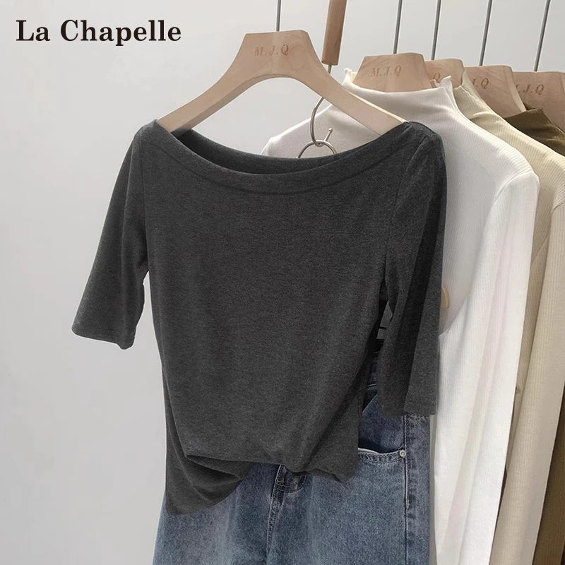 拉夏贝尔一字领短袖T恤女春夏2025新款小众设计感修身显瘦打底衫