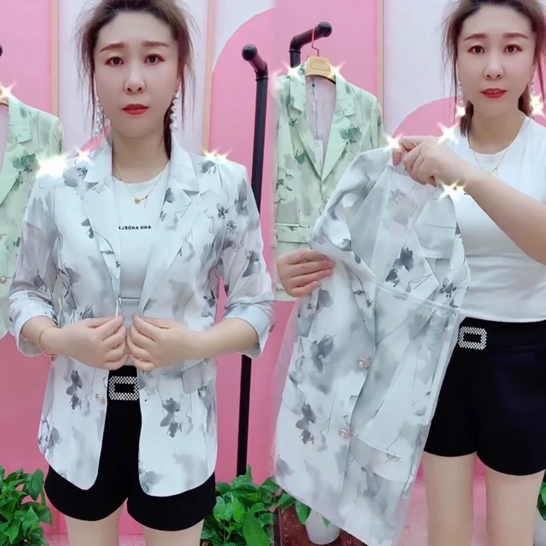 薄款印花网纱西服外套2025时尚妈妈显瘦气质修身防晒爆款西装上衣