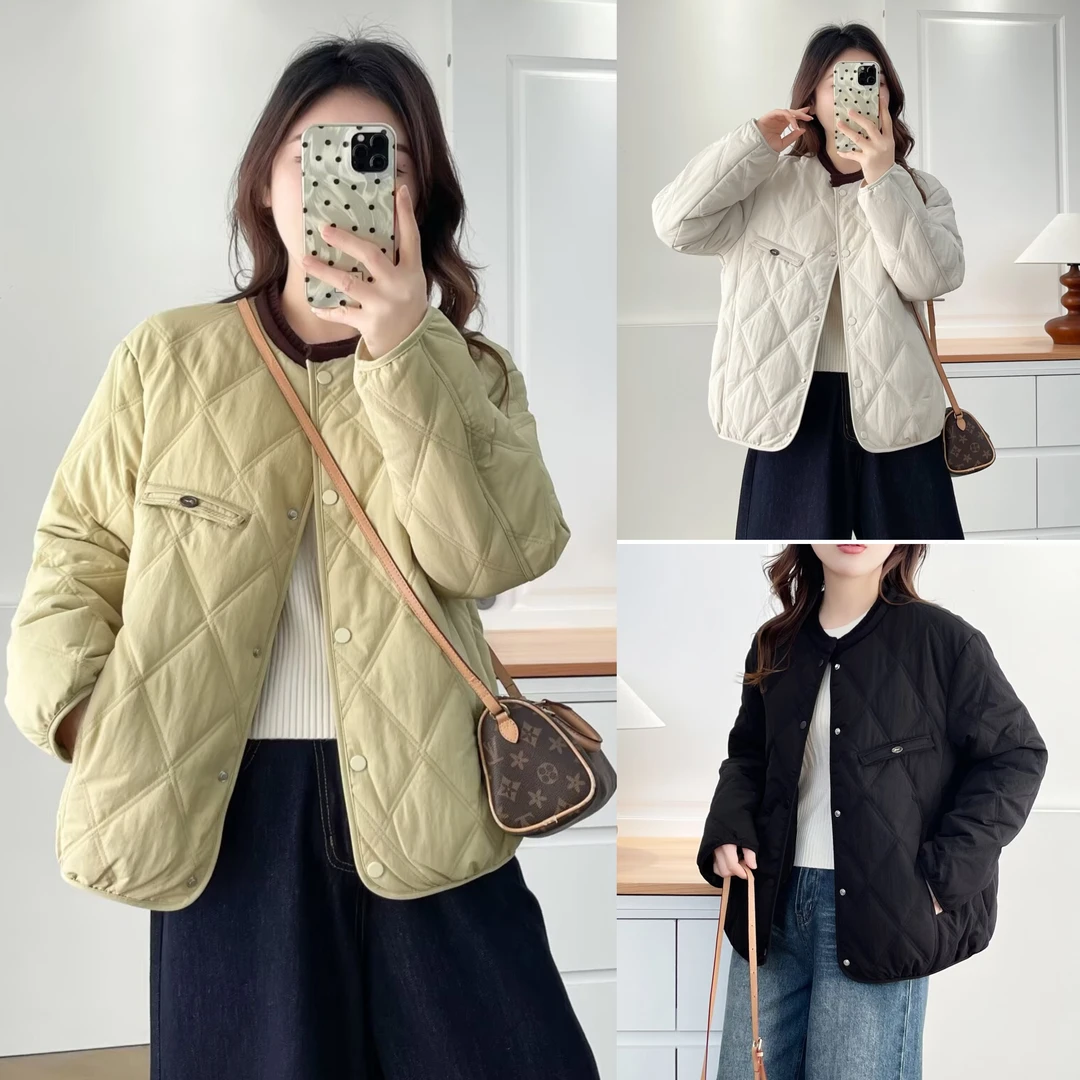 左左微胖大码秋冬韩版宽松针织圆领拼接新款菱格显瘦洋气棉服外套