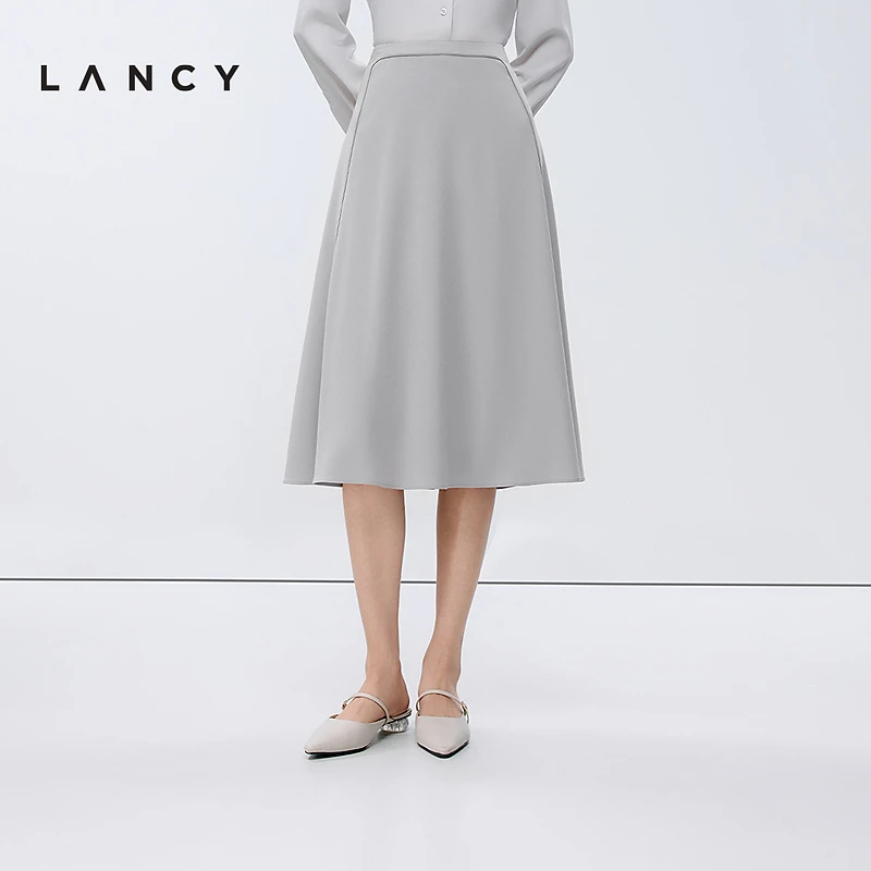 醋酸·LANCY/朗姿2025春新款气质高腰A字伞裙高端简约通勤半身裙