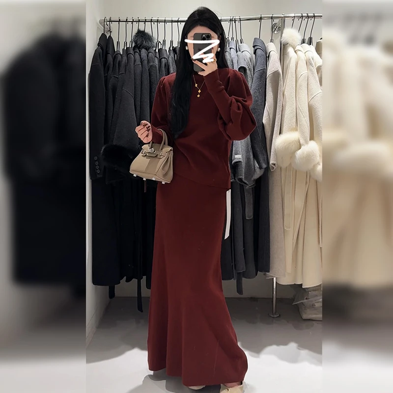 红色半身连衣裙子长裙女秋冬季新年战袍2025入冬跨年穿搭套装8751