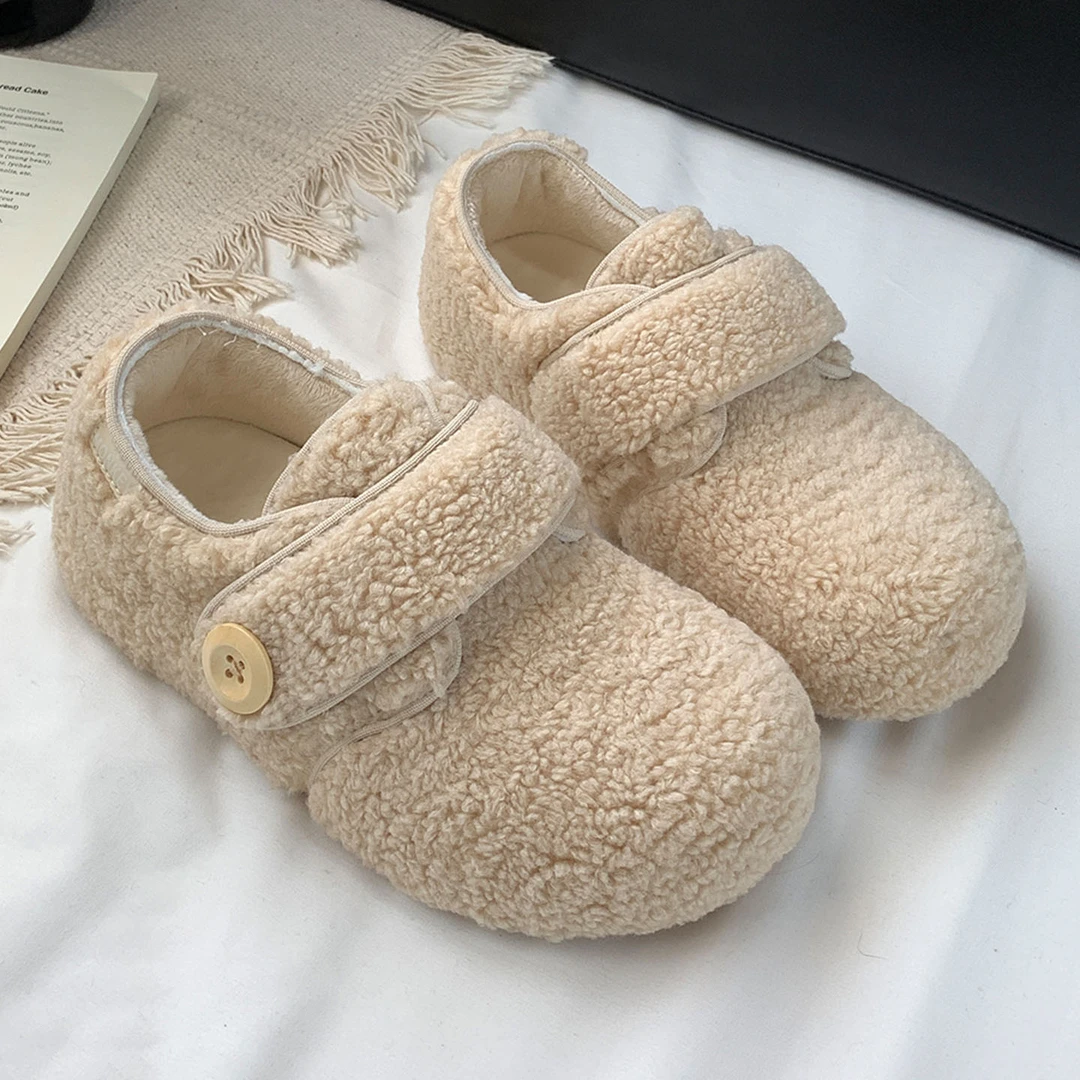 米白色魔术贴毛毛鞋女2025冬新款加绒保暖软底羊羔毛包跟勃肯棉鞋