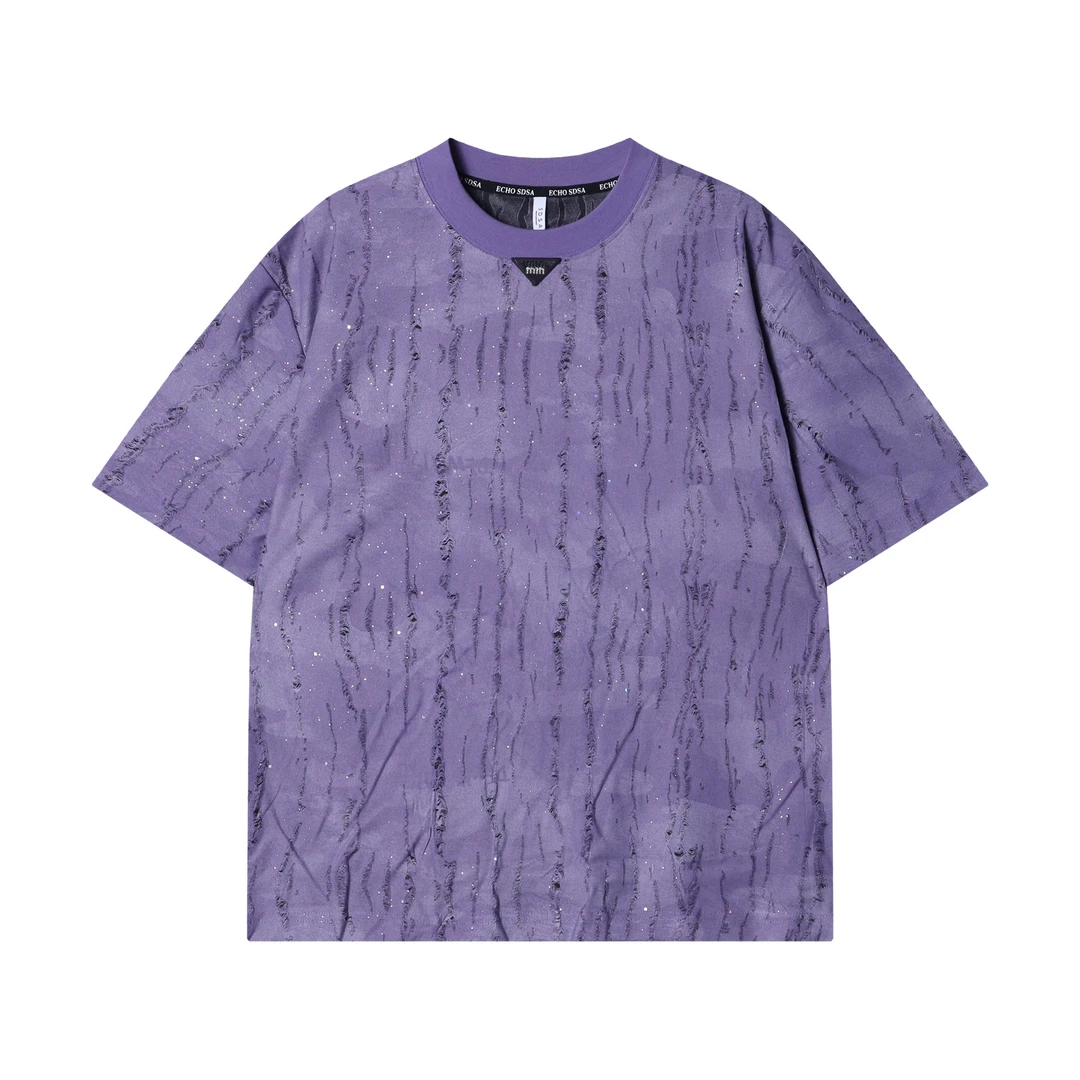 春夏新款时尚渐变磨破细闪圆领短袖T恤倒三角潮流百搭情侣上衣