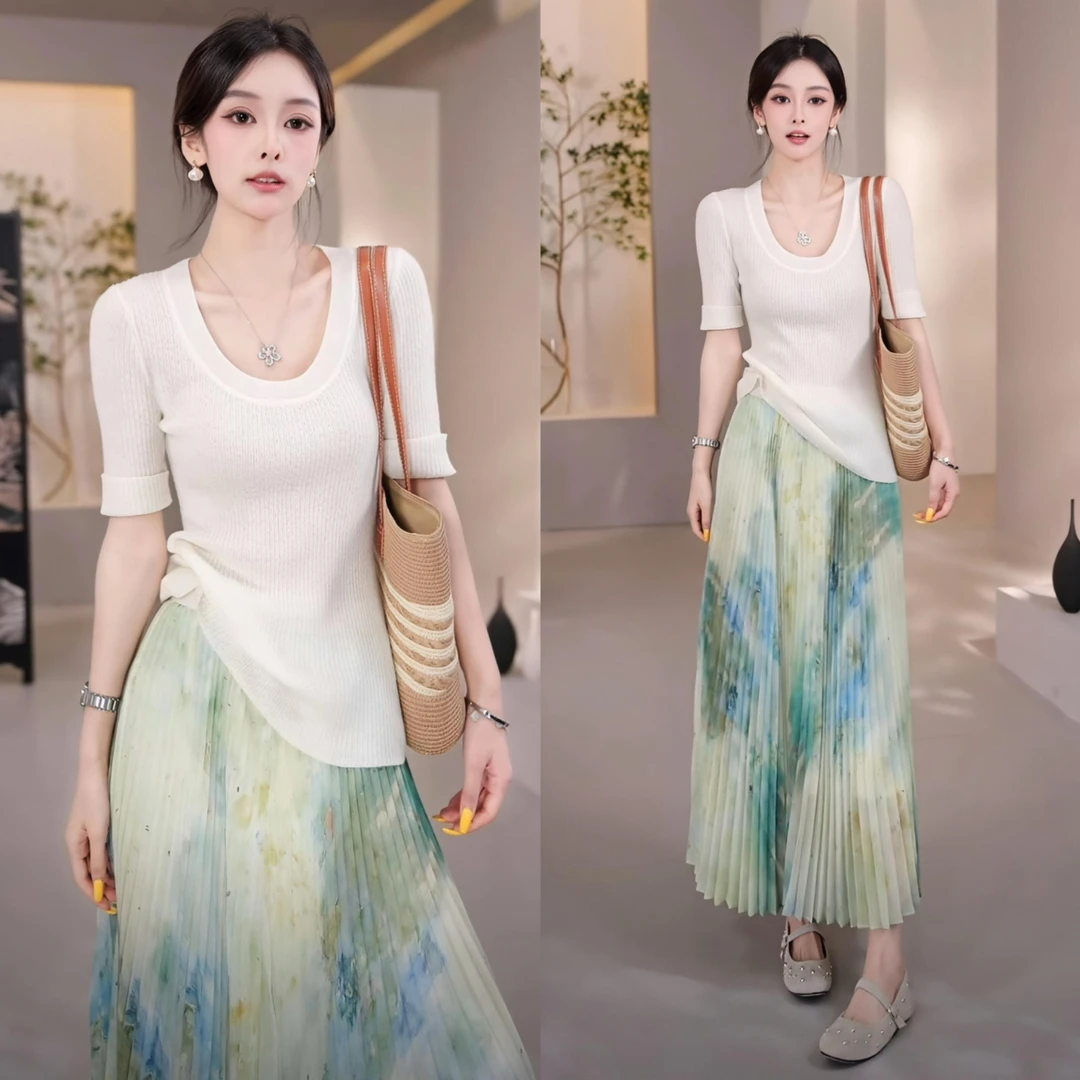2025夏季新款时尚洋气短袖针织衫百搭不规则半身裙气质套装女装