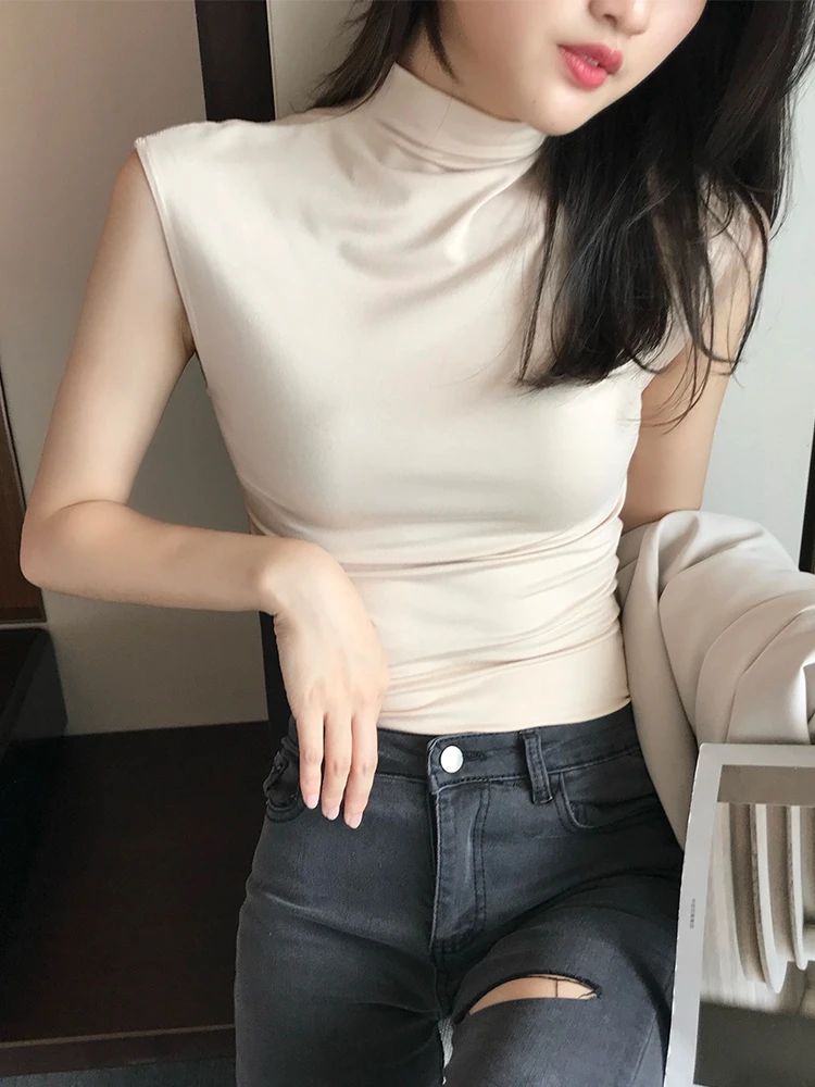 半高领背心女外穿薄款莫代尔修身纯色内搭短袖无袖T恤百搭打底衫