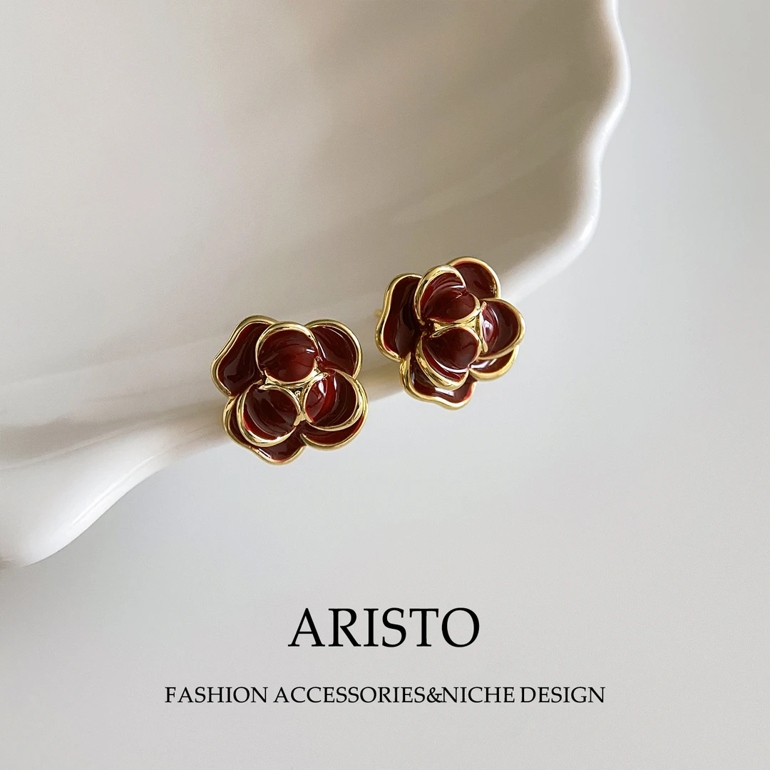 铜合金耳饰 复古红色山茶花耳钉法式高级感耳环气质通勤耳饰