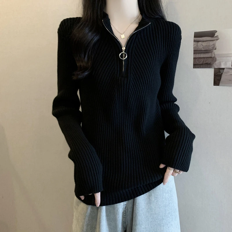 大码女装遮肚子半拉链长袖针织衫女秋冬胖妹妹显瘦百搭毛衣打底衫