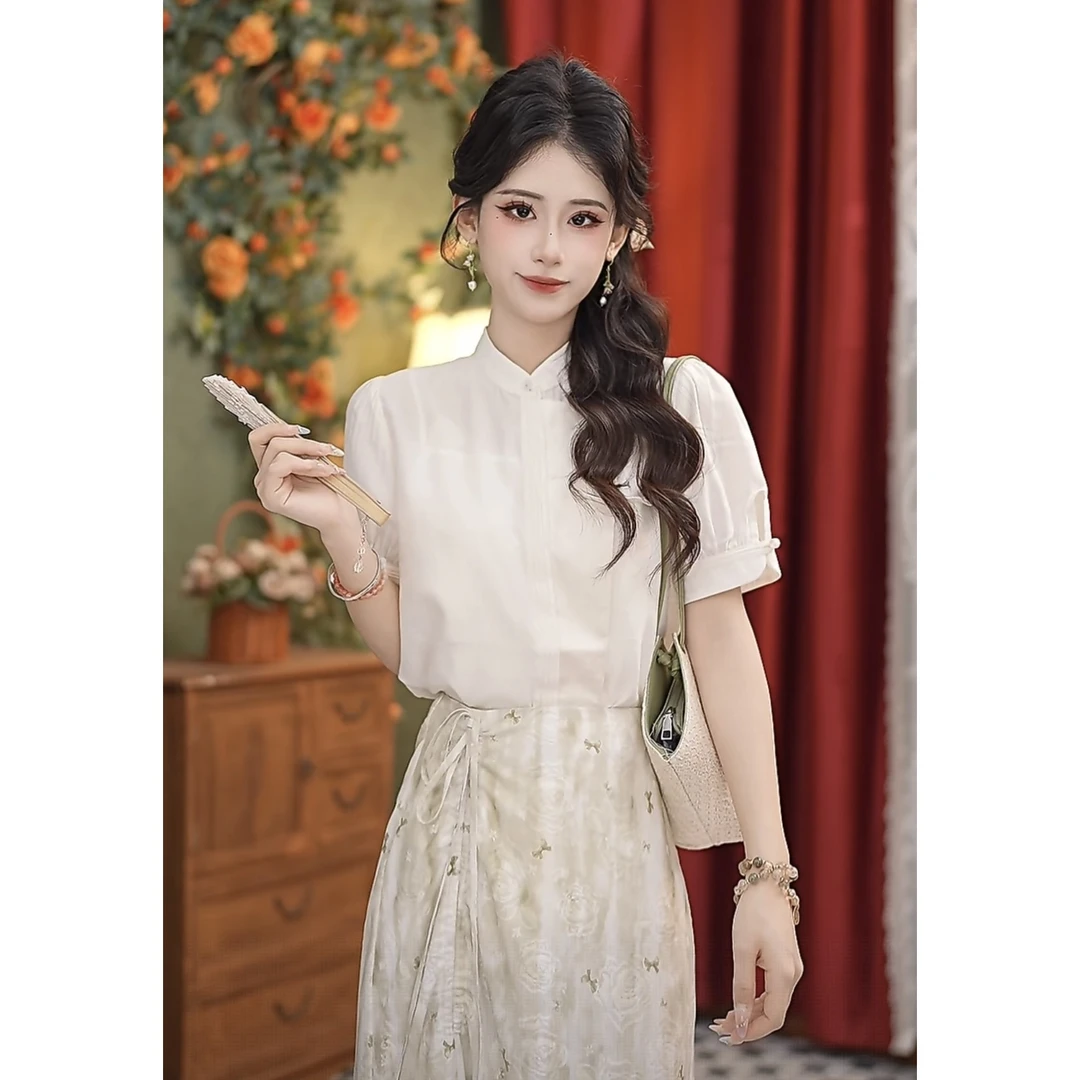 张嘉圆  【美夜子】25年新款气质百搭显瘦设计短袖衬衫#K0038