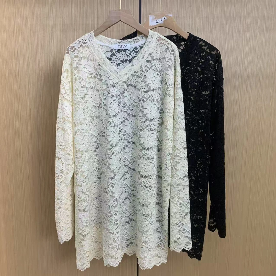 大码女装韩版网纱蕾丝衫提花慵懒风打底衫设计感气质内搭上衣