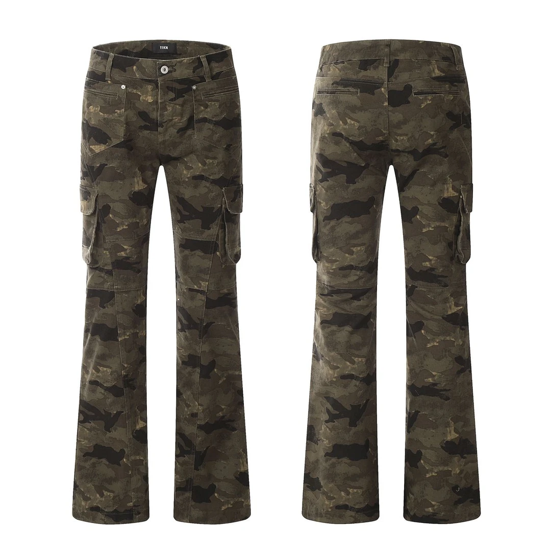 美式高街cleanfit百搭迷彩修身工装裤直筒vibe微喇长裤男女款裤子