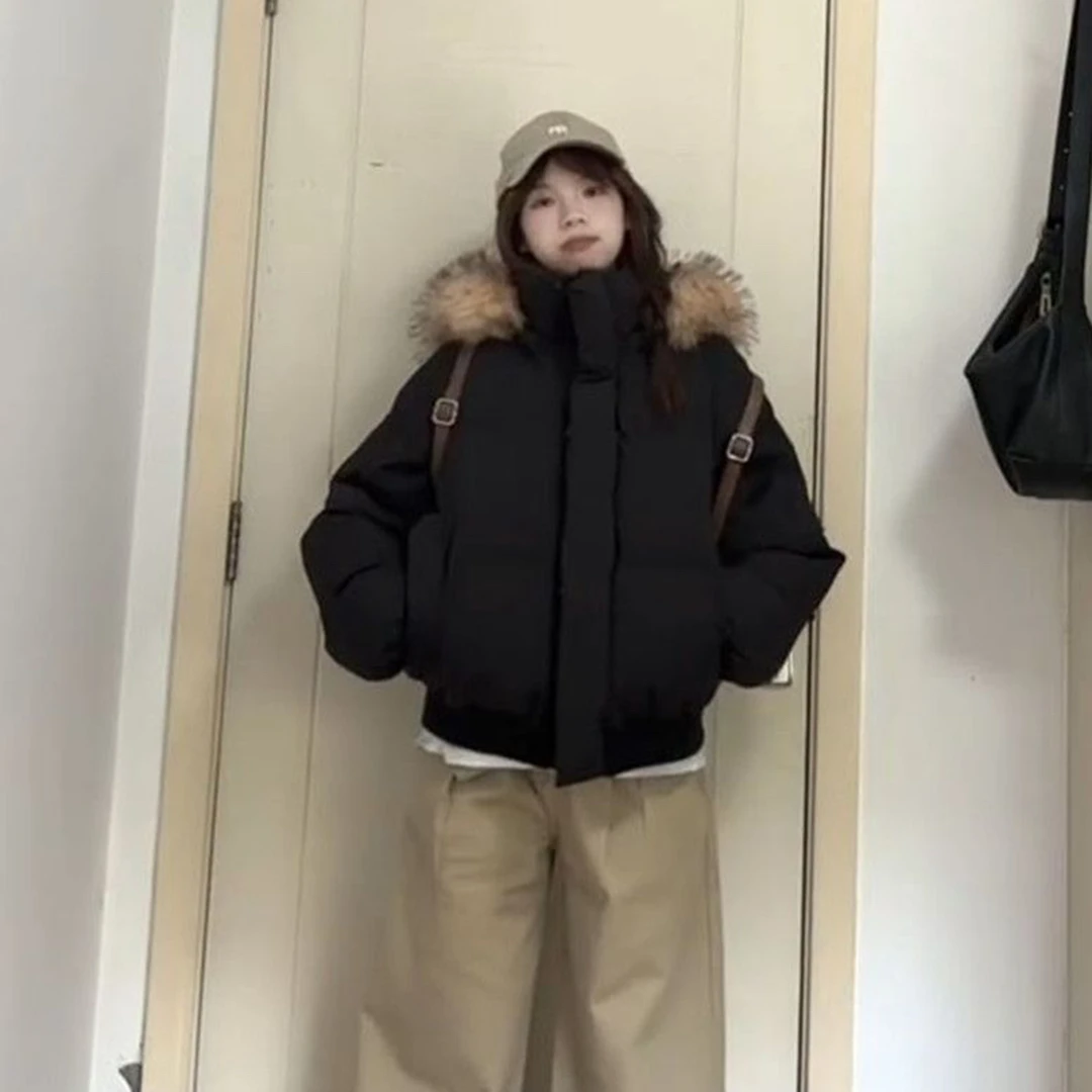 韩式潮流毛领派克连帽棉服男女冬季情侣款短款防寒百搭棉袄面包服