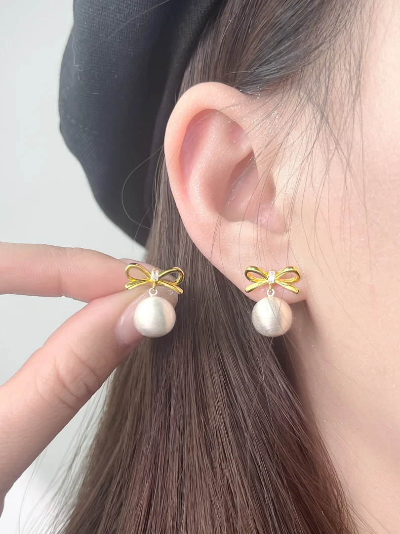 铜合金耳饰 可爱蝴蝶结耳钉925银针耳饰品 双色拉丝千金风