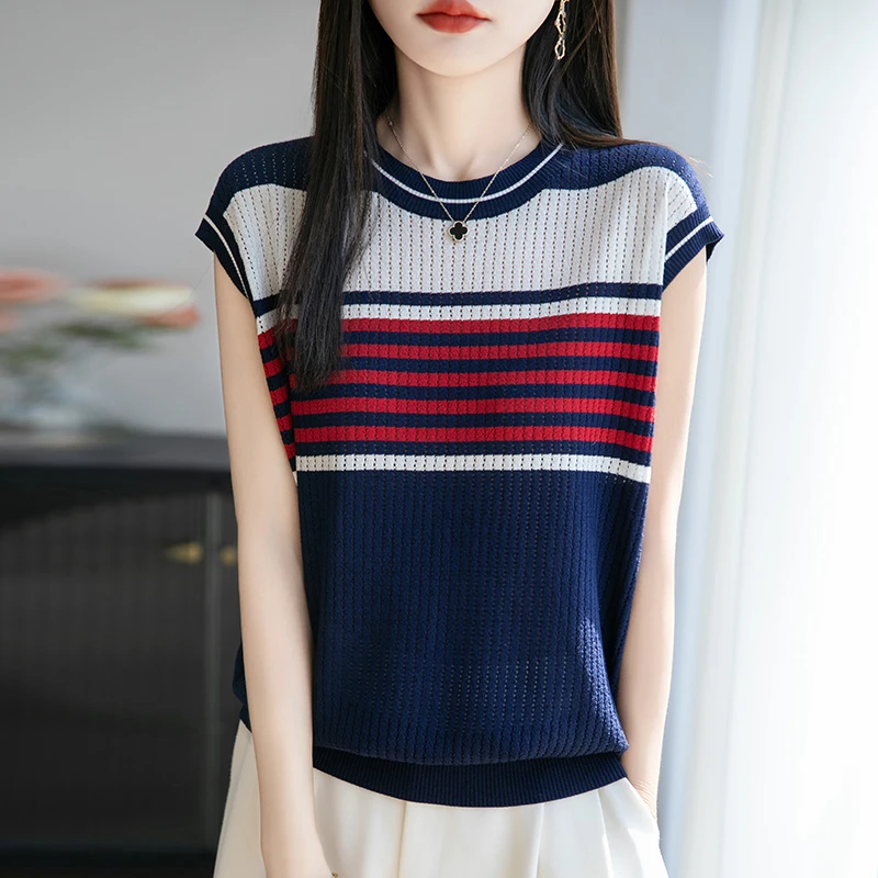 哥弟阿玛施正品夏季新款韩系慵懒拼色条纹镂空显瘦针织短袖T恤女