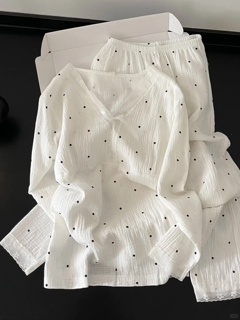 甜美气质波点蕾丝花边棉纱睡衣女春秋2025新款长裤套装大码家居服