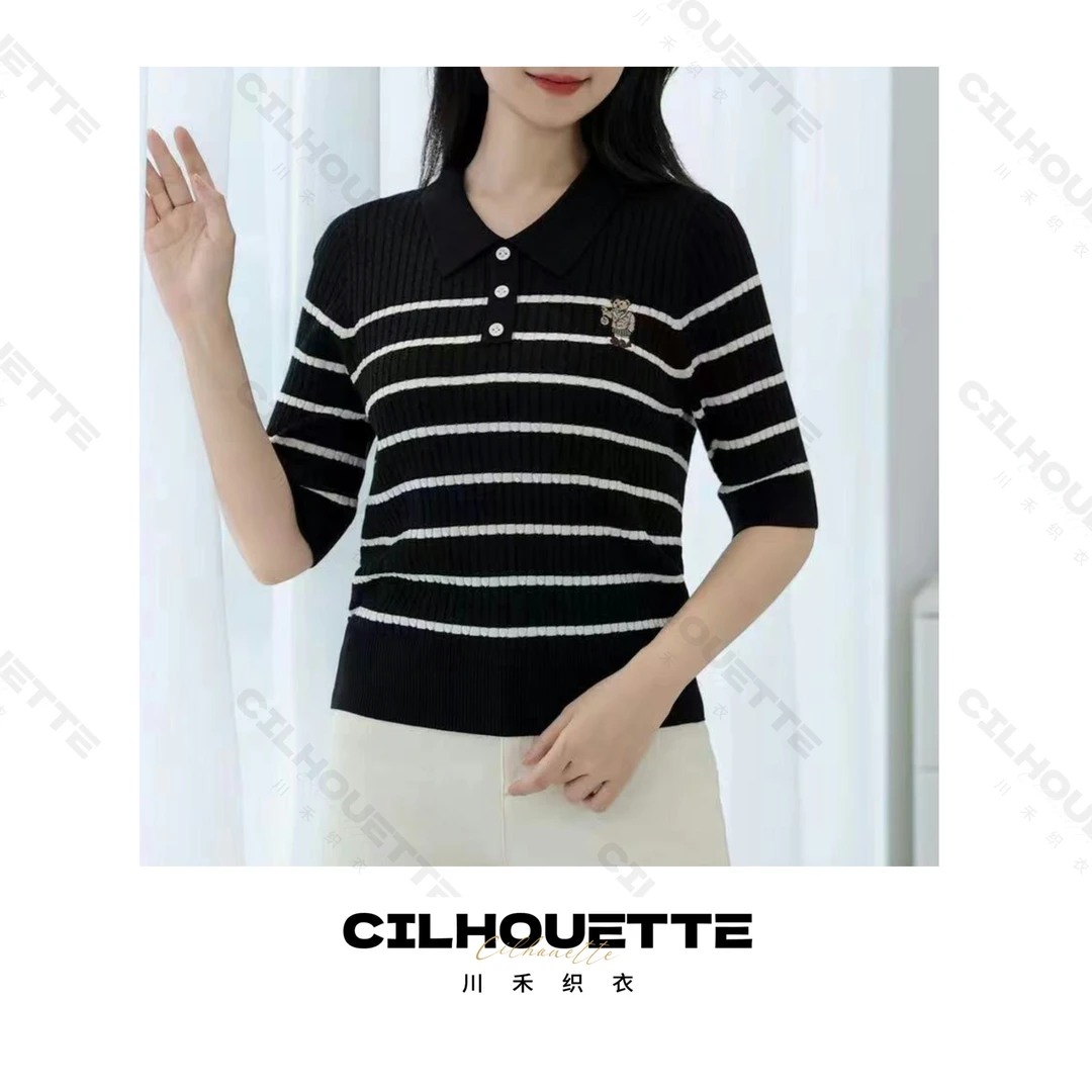 川禾织衣 秋季洋气条纹翻领天丝中袖T恤时尚百搭显瘦针织打底小衫