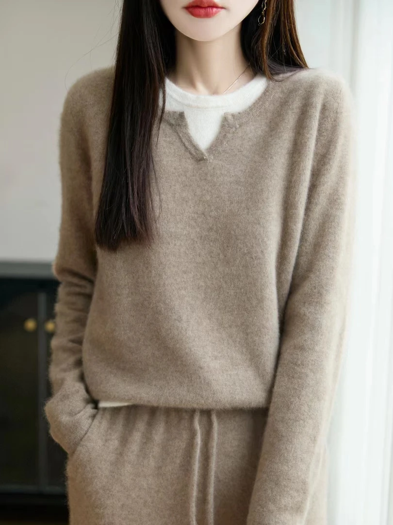 剪刀领假两件 加厚纯色羊毛衫女秋冬新款毛衣套头针织衫打底内搭