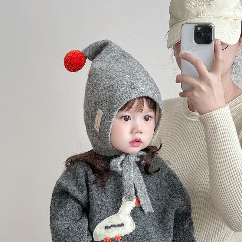 儿童帽子冬天毛线帽韩版洋气尖顶针织护耳帽男女宝宝加厚保暖防风