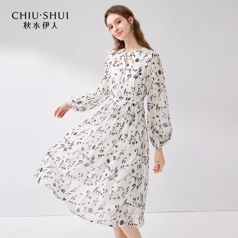 秋水伊人中长款印花圆领连衣裙2024年春季新款女装优雅通勤裙子