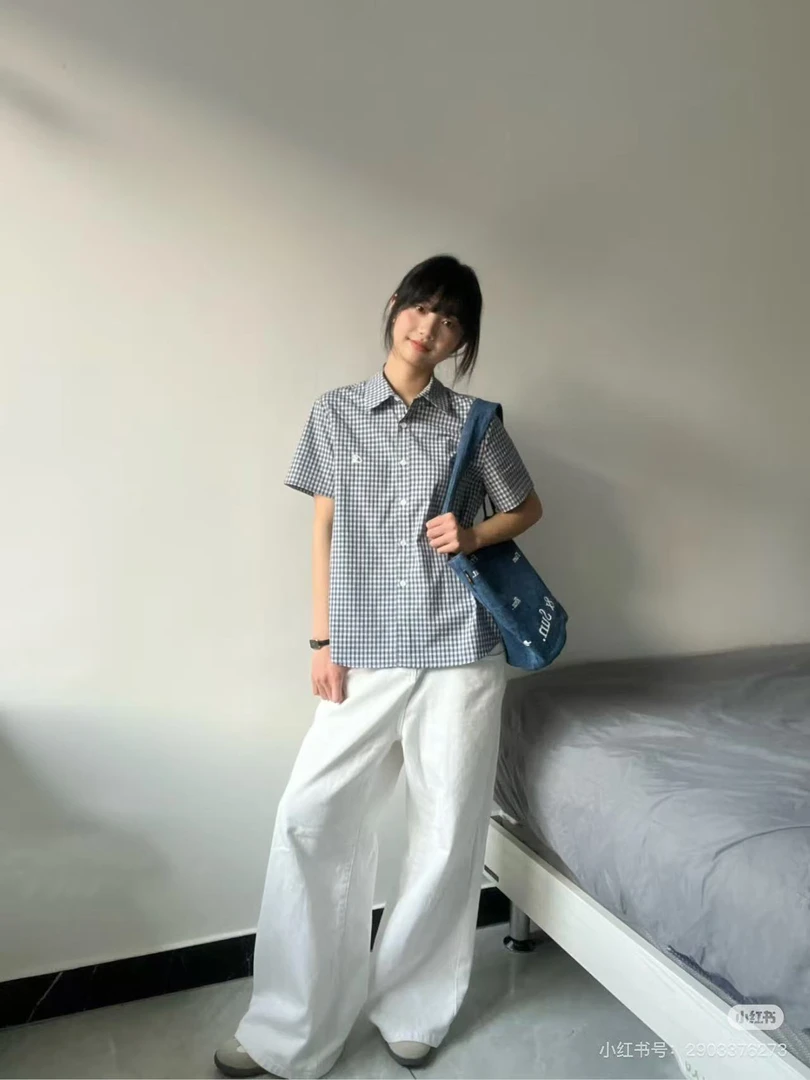 翻领格纹撞色短袖衬衫百搭宽松休闲上衣