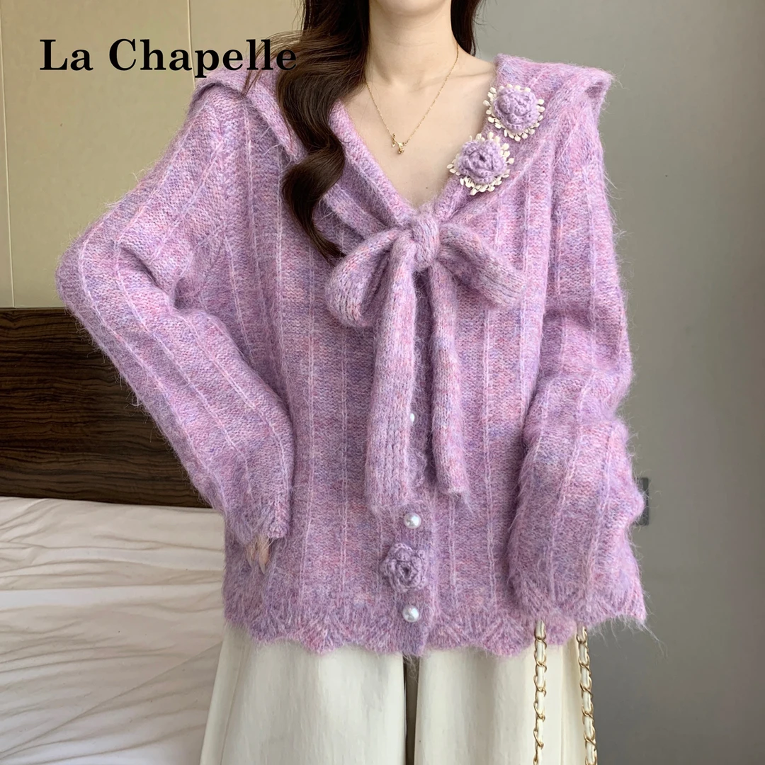 拉夏贝尔秋冬大码V领重工立体花朵毛衣女气质显瘦慵懒风打底上衣