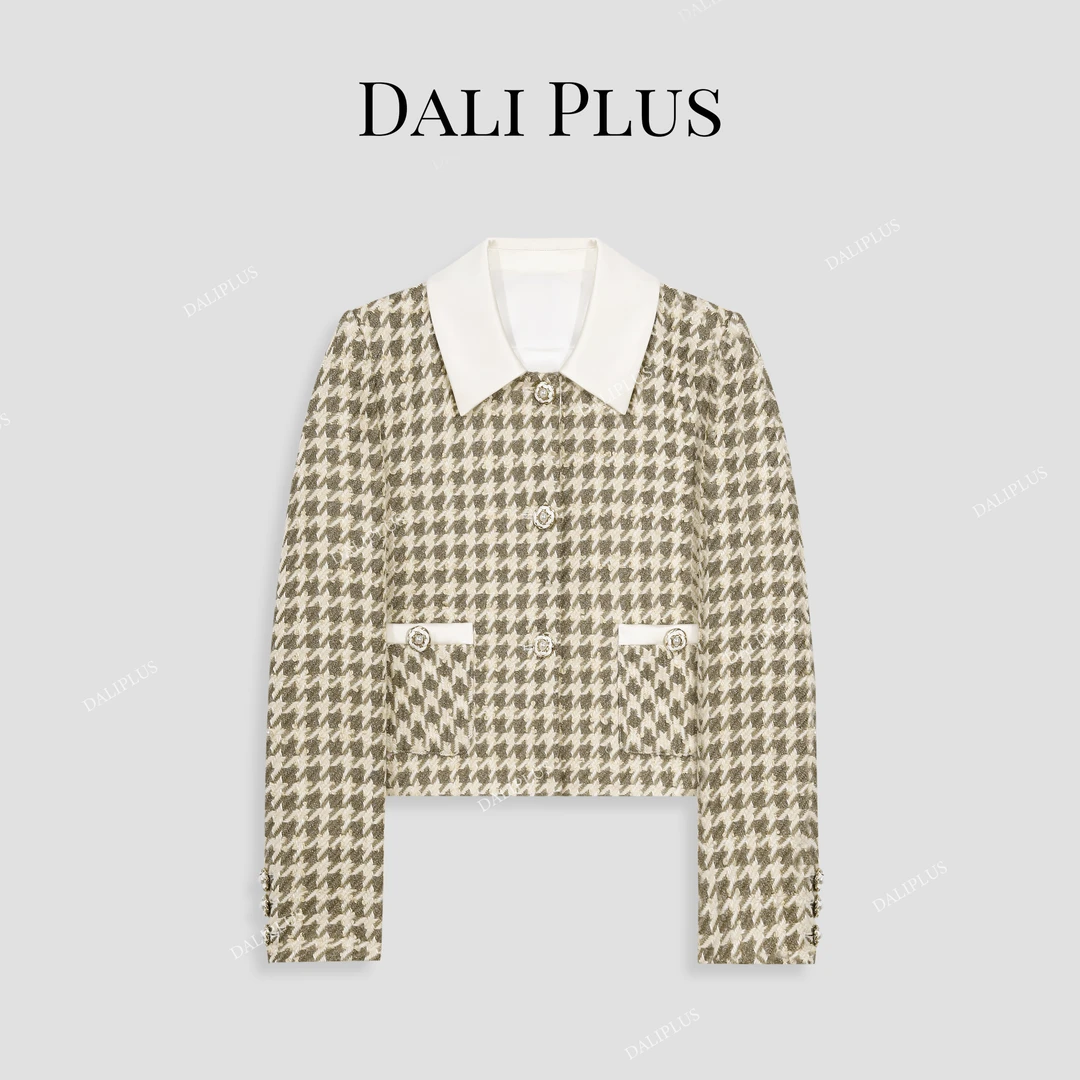 DALI PLUS高级优雅时尚气质羊 毛小香风千鸟格长袖外套-TY22262