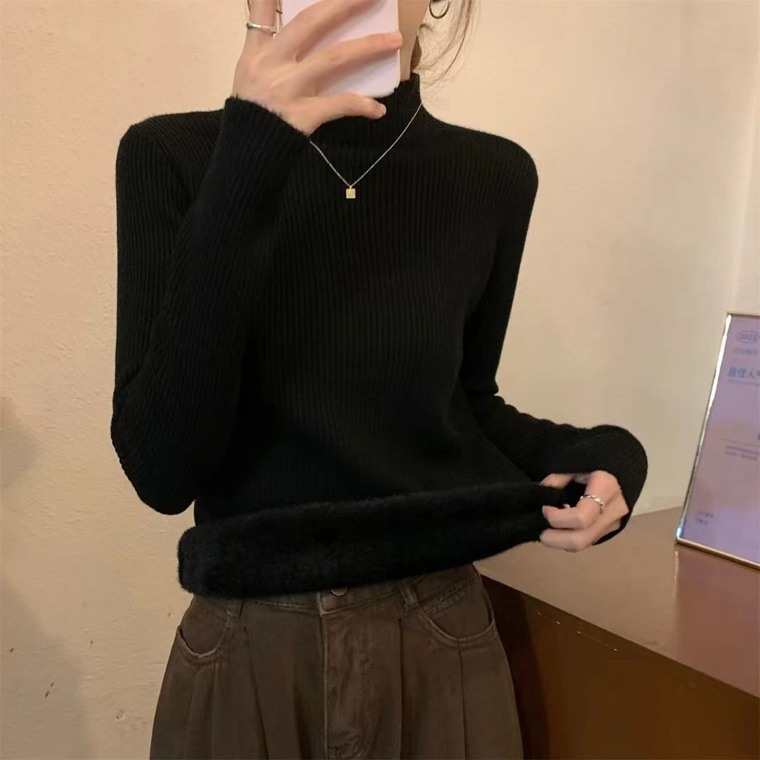 黑色加绒保暖打底针织上衣