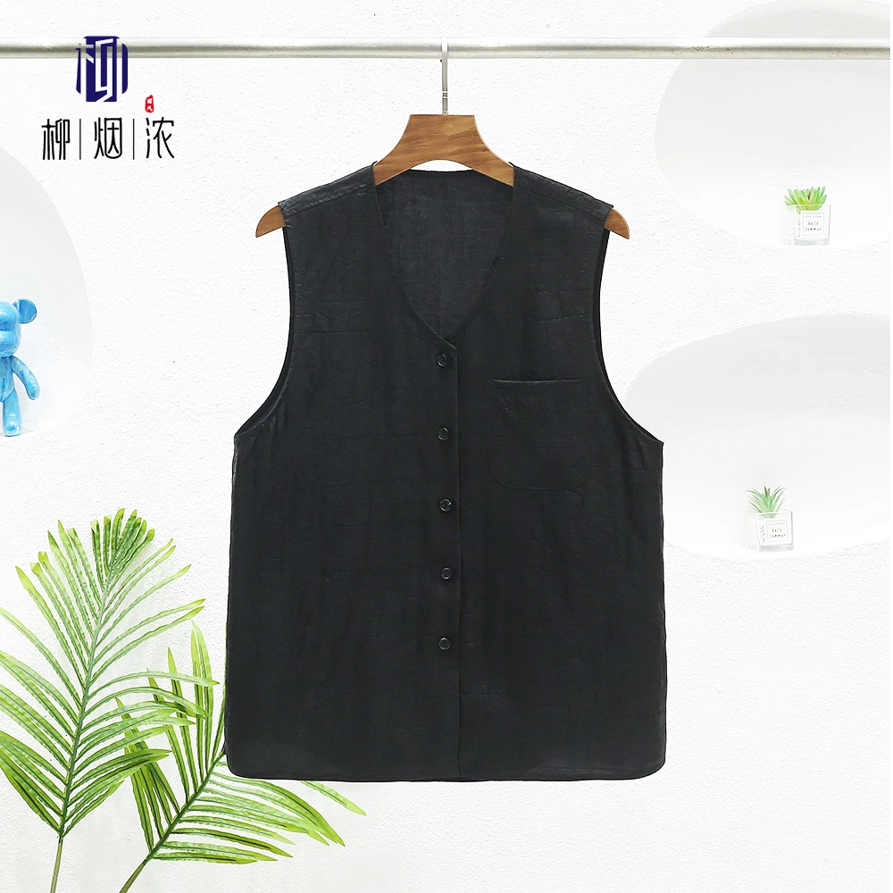 【柳烟浓】100%桑蚕丝双面双穿黑龟裂纹香云纱马甲国风V领男女背心